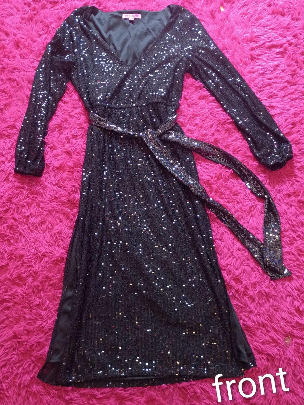 Betsey Johnson Sequin Wrap Midi Dress in Black Size Medium Like New